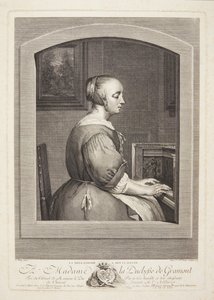 En holländsk kvinna spelar cembalo, sett genom ett fönster av Marie Louise Adélaïde Boizot