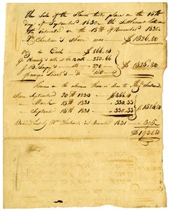 Document regarding sale of slaves and share coming to various individuals, November 1831 av Marie Therese Cerre Chouteau