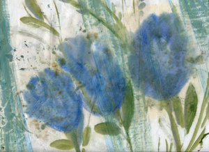 Blå blommor, 2020 (blandteknik på A4-papper) av Marina Falco
