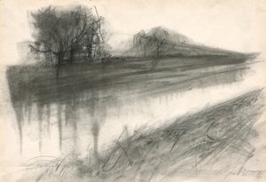 On the River, 2018 (kol på papper) av Marina Falco