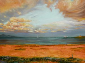 Havslandskap med orange himmel