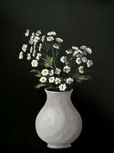 Målning av vita blommor – monokrom botanisk konst i vit vas för hemmet, kontoret eller som present – 010