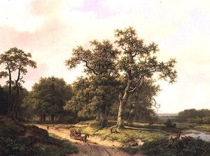 Skogbevuxen landskap med bönder