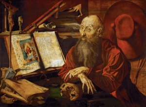 Saint Jerome dans sa cellule - Saint Hieronymus in his Cell, av Reymerswaele, Marinus Claesz, van (ca 1490-efter 1567). Olja på trä, ca 1545. Mått : 80x108 cm. Konsthistoriska museet, Vienne