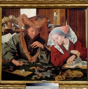 Växlaren och hans fru Ett par penninglångivare räknar och väger pengar. Målning av Marinus Claeszoon van Reymerswaele (1493-1567) 1538 Madrid, Pradomuseet