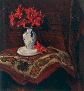 Matta och vas med röda liljor, av Mario Puccini (1869-1920), olja på duk, 64x59 cm. av Mario Puccini
