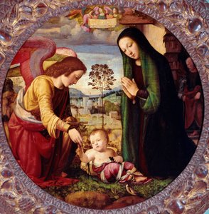 Helig familj med en ängel Målning av Mariotto Albertinelli (1474-1515) Florens, Palazzo Pitti, Galleria Palatina