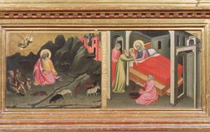 Madonna och barn med heliga, detalj från predella som skildrar bebådelsen till Joachim och jungfruns födelse tempera på paneldetalj av 80340