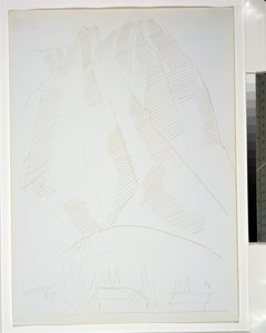 Bergslandskap med två byggnader i förgrunden av Marsden Hartley