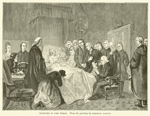 John Wesleys dödsbädd (gravyr) av Marshall (after) Claxton