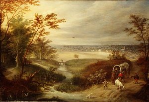 Ett vidsträckt skogslandskap med en vagn vid ett vadställe av Marten (attr. to) Ryckaert