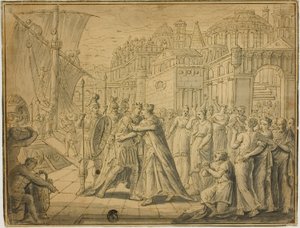 Dido och Aeneas omfamnas före portarna till Kartago av Marten de Vos