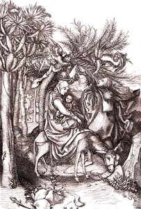 Flyget till Egypten, den heliga familjen av Martin (after) Schongauer