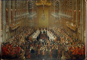 Bankett i samband med bröllopet av kejsar Josef II och Isabella av Parma den 10/06/1760. Med Mozart stående i orkestern av Martin (and studio) Mytens or Meytens