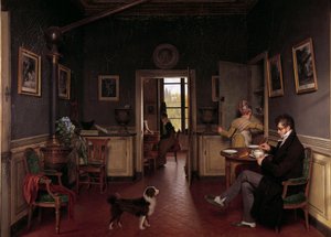 En interiörvy av en matsal 1815 En man i en toffel tar sin frukost framför hundens ögon. Målning av Martin Drolling (1752-1817)