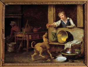 Köksinredning En ung tjänare ger hunden resterna. Målning av Martin Drolling (1752-1817) 1800-talets Orleans, Museum of Fine Arts