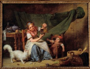 Kvinnan och musen En flicka håller en musfångare framför katten och en bebis. Målning av Martin Drolling (1752-1817) 1798 sön. 0,25x0,35 m Orleans. Museum of Fine Arts