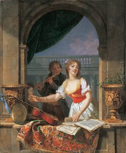En ung dam som sträcker sig efter en gitarr vid en stenbåge och en pojke som spelar flöjt bortom, 1796-97