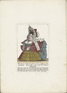 De Franse dwerg Madame Palatinelle, ca 1710 Madame Palatinelle, motorhuvar, mantilla och cul de Paris utklädda i den stora Gallan (titel på objektet) Il Callotto resurcitato eller nyinrett litet skåp (serietitel)