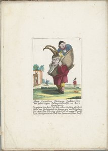 De dwerg Cornelius Guttman som hoorndrager, ca 1710 Herr Cornelius Guttman, fylleristen från det tålmodiga hanskrået, spänt i en korg (titel på föremålet) Il Callotto resurcitato eller nyinrett litet skåp (serietitel) av Martin Engelbrecht (attributed to)