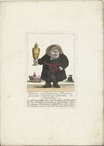 Dvärgen Gustavus Weinberger som präst med en kopp, ca 1710 Eximius et Ponderosus Dominus Gustavus Weinberger Socken i Panzendorf, etc. (titel på objekt) Il Callotto resurcitato oder Neu eingerichts Zwerchen Cabinet (serietitel) av Martin Engelbrecht (attributed to)