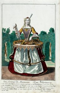 Metier: En snickarfru. Gravyr av Martin Engelbrecht (1684-1756), i "" Ny sammansättning av manouvries habilles"" 1700-tal, Tyskland. Paris, Dekorativ konst av Martin Engelbrecht