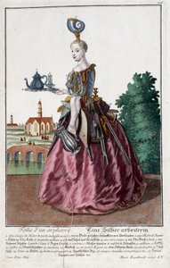 Metier: Kvinna av en guldfisk. Gravyr av Martin Engelbrecht (1684-1756), i "" Ny sammansättning av manouvries habilles"" 1700-tal, Tyskland. Paris, Dekorativ konst av Martin Engelbrecht