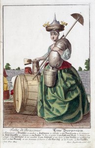 Föreställning av en bryggares hustru med en tratt på huvudet, en sädespåse, en skål, en hink och ett ölfat. Gravyr av Martin Engelbrecht (1684-1756)
