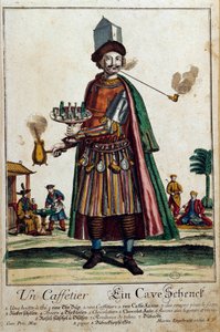 Kaffebryggaren: en man som bär en kaffebryggare och en tjänst. Gravyr av Martin Engelbrecht (1684-1756) 1700-talets Paris, dekorativ konst