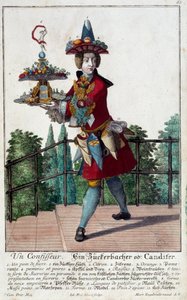 Konditorn: en ung man som håller i en bricka med godis och konfektyr. Gravyr av Martin Engelbrecht (1684-1756) 1700-talet. Paris, Dekorativ konst