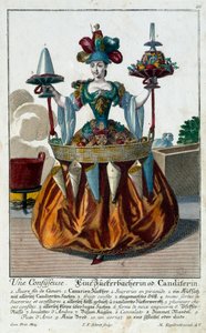 Konditorn: en ung kvinna som håller i en bricka med godis och konfektyr. Gravyr av Martin Engelbrecht (1684-1756) 1700-talet. Paris, Dekorativ konst