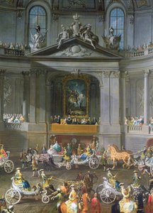 En kavalkad i vinterridskolan i Wien Hof för att fira den franska arméns nederlag i Prag som visar ryttarporträttet av kejsar Karl VI, 1743 detalj av 67400, se även 665 av Martin II Mytens or Meytens