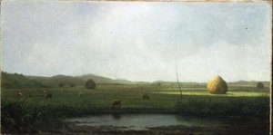 Marsh Scene: Nötkreatur nära en hösadel (olja på duk) av Martin Johnson Heade