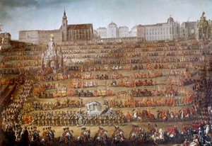 Maria Isabellas inträde av Bourbon Parma (1741-1763) till Wien i samband med hennes äktenskap med kejsar Josef II av Österrike (1741-1790), i bakgrunden Augustinernas kyrka och hovets bibliotek En enorm kortege är organiserad genom