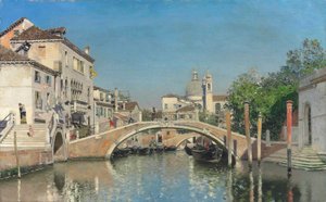 En venetiansk kanal med gondoler, Santa Maria Della Salute bortom (olja på duk)