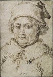 Bild i bystlängd av en gammal man med pälskrage och hatt av Martin Schongauer