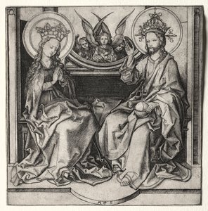 Gud Fadern och den välsignade jungfrun på tronen i närvaro av änglar, ca. 1480-90. av Martin Schongauer