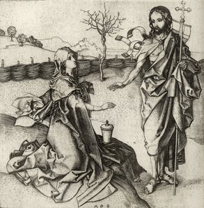 Vår Frälsare visar sig för Maria Magdalena i trädgården, från "A Catalog of a Collection of Engravings, Etchings and Woodcuts", av Richard Fisher, publicerad 1879 av Martin Schongauer