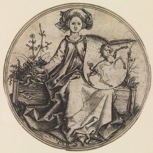 Sittande dam som håller en sköld med en enhörning, ca. 1435-1491., ca. 1435-1491. av Martin Schongauer