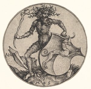 Sköld med vinthund som hålls av Wild Man, ca. 1435-1491. av Martin Schongauer