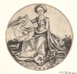 Sköld med svan som hålls av kvinna, ca. 1435-1491. av Martin Schongauer
