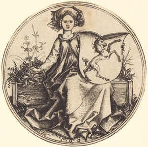 Sköld med enhörning, hålls av kvinna av Martin Schongauer