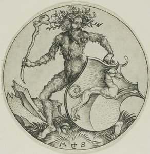 Sköld med en vinthund, hållen av en vildman av Martin Schongauer