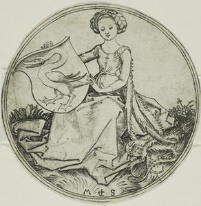 Sköld med en svan, hållen av en sittande dam av Martin Schongauer