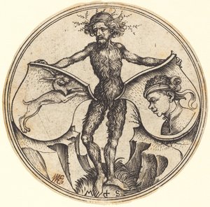 Sköldar med kanin och moors huvud, hålls av vild man av Martin Schongauer