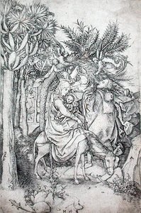 Flygningen till Egypten, ca 1470-80 (gravyr) av Martin Schongauer