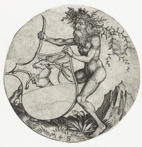 Vapensköld med en hjort, hållen av en vild man med en klubba Figurer med vapensköldar (serietitel) av Martin Schongauer