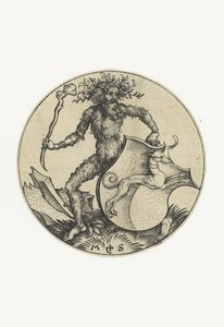 Vapensköld med en hund, hållen av en vild man med en klubba Figurer med vapensköldar (serietitel) av Martin Schongauer