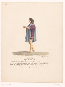 Kostuum van de dauphin Karel van Valois från tragedin Marcel Charles, hertig av Normandie (titel på objekt) Theaterkostuums (serietitel) Franska teatern: samling av kostymer av MM. J. Alaux och L. Duponchel från manuskriptteckningar i Bibliot av Martin Sylvestre Baptiste