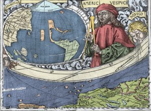 VESPUCCI, Amerigo (1454-1512). Italiensk upptäcktsresande och kartografi i "Waldseemuller karta eller Universalis Cosmographia - (Universal Cosmography) - Waldseemuller Planisphere"" - 1507 -